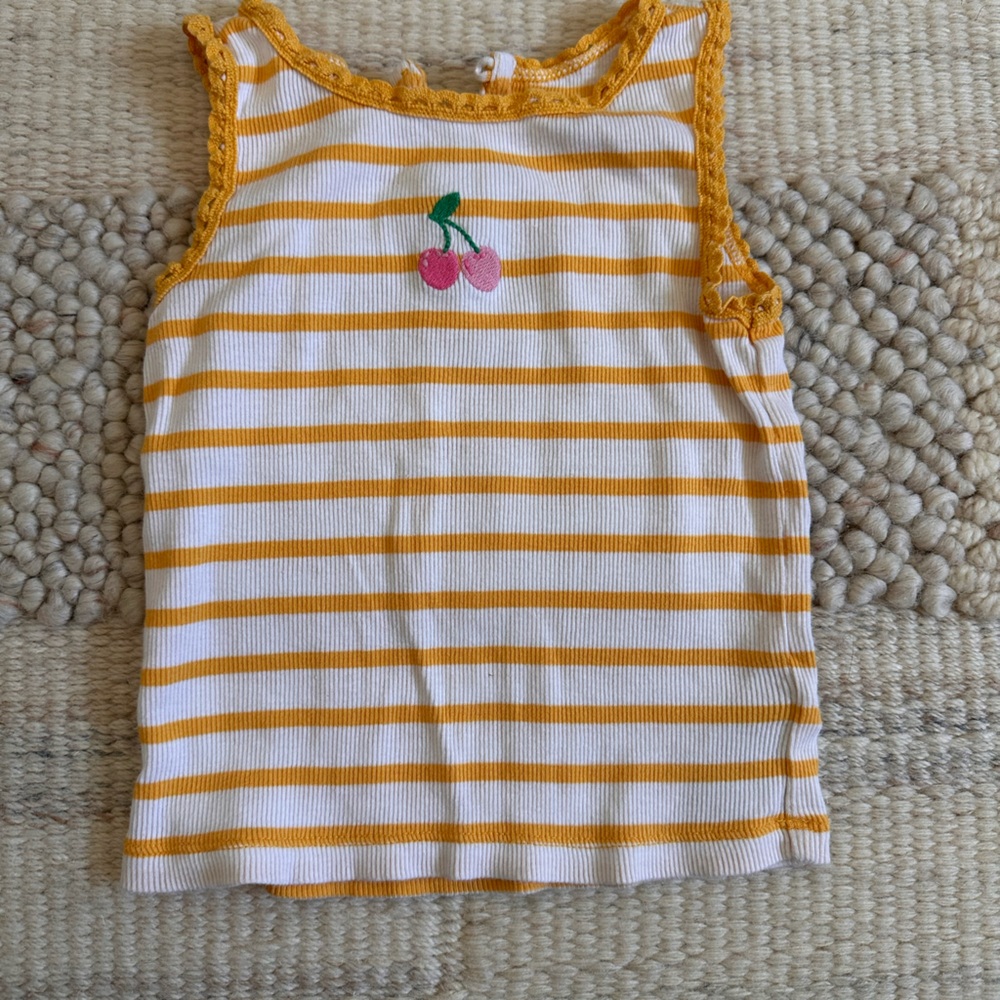 GAP Yellow & White Striped Tank Top with Pink Cherry Embroidery